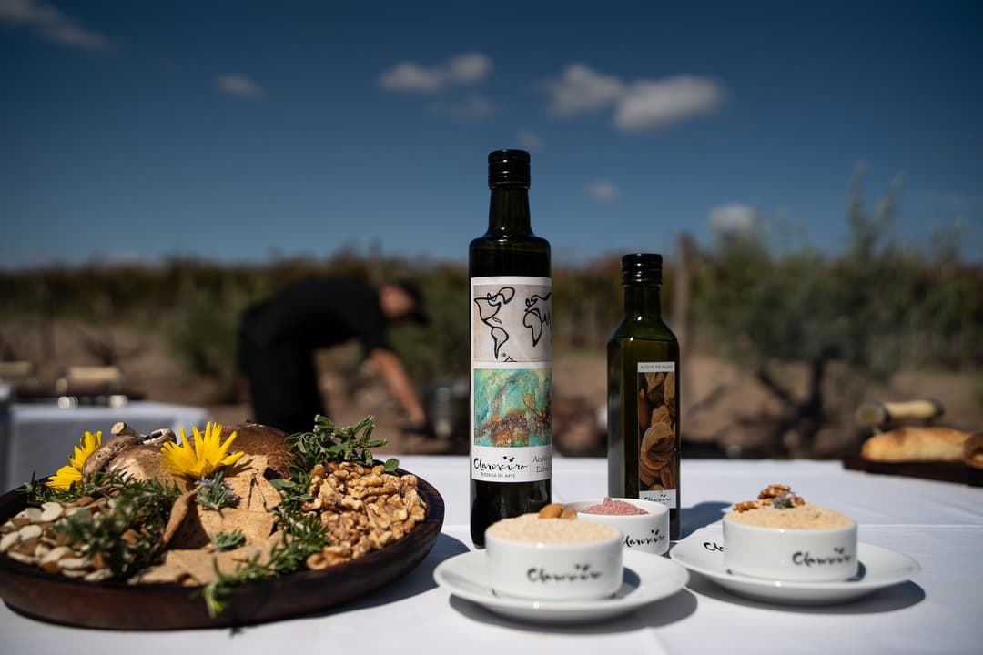 Mesa de degustacion en vinedo con productos locales y botellas de aceite